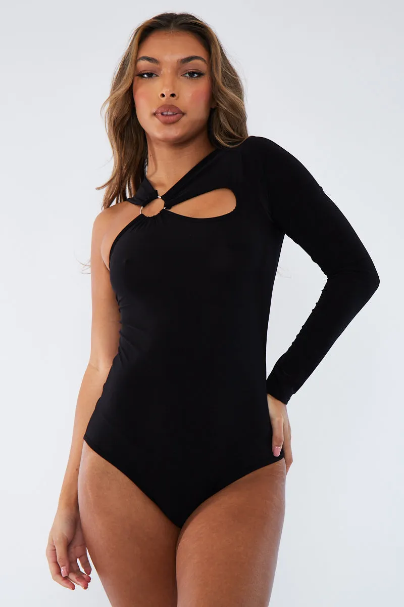 Black Slinky Cut Out Ring Detail Bodysuit - Klara