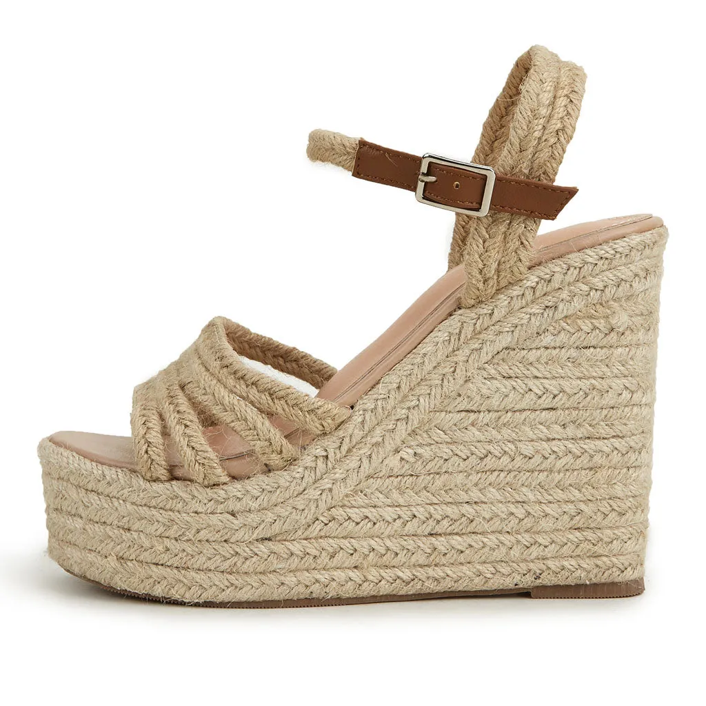 Chic Braided Effect Open Toe Ankle Strap Wedge Espadrilles - Beige