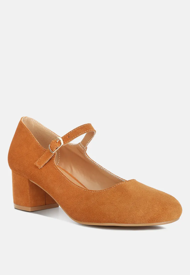 DALLIN Suede Block Heel Mary Janes in Tan