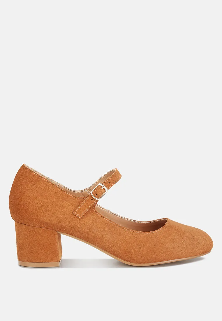 DALLIN Suede Block Heel Mary Janes in Tan