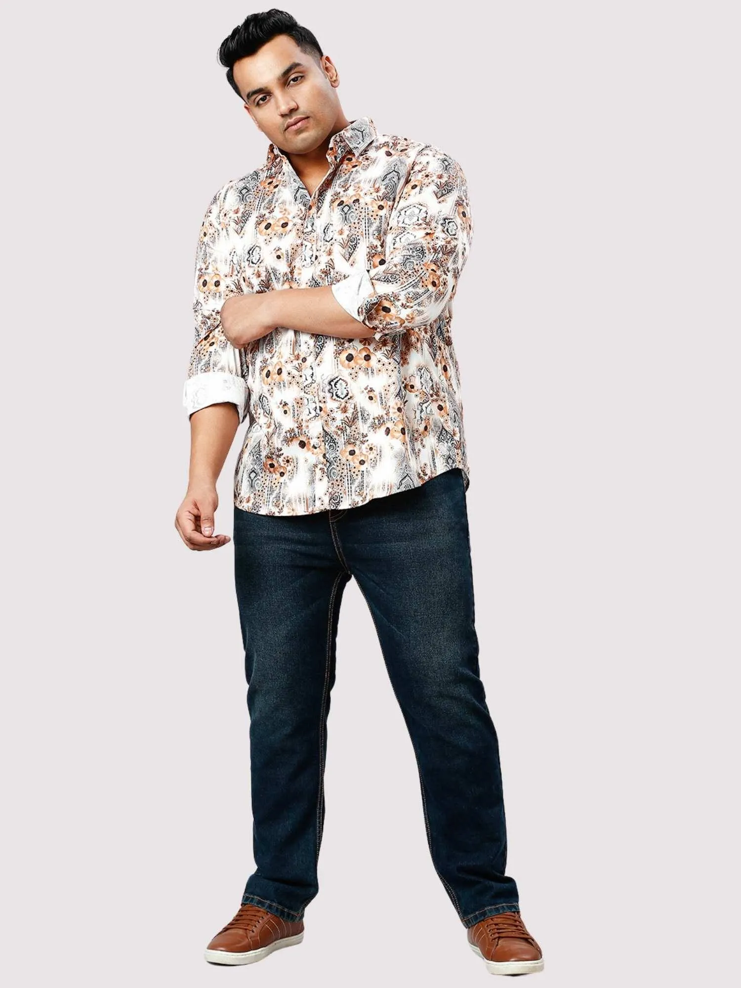 French Beige Digital Printed Full Sleeve Shirt Men's Plus Size