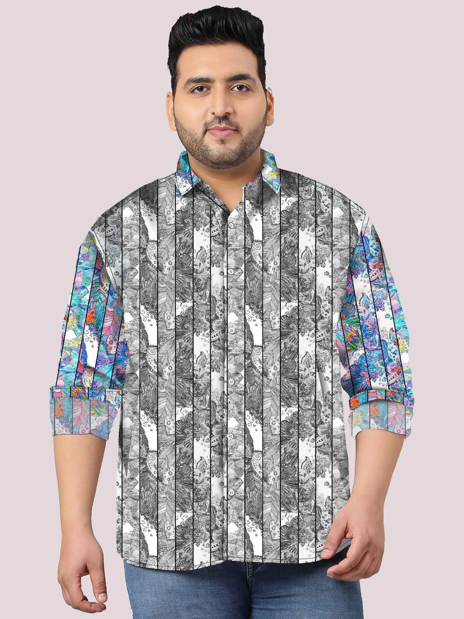 Graffiti Floral Mix Digital Printed Full Sleeve Shirt Men's Plus Size