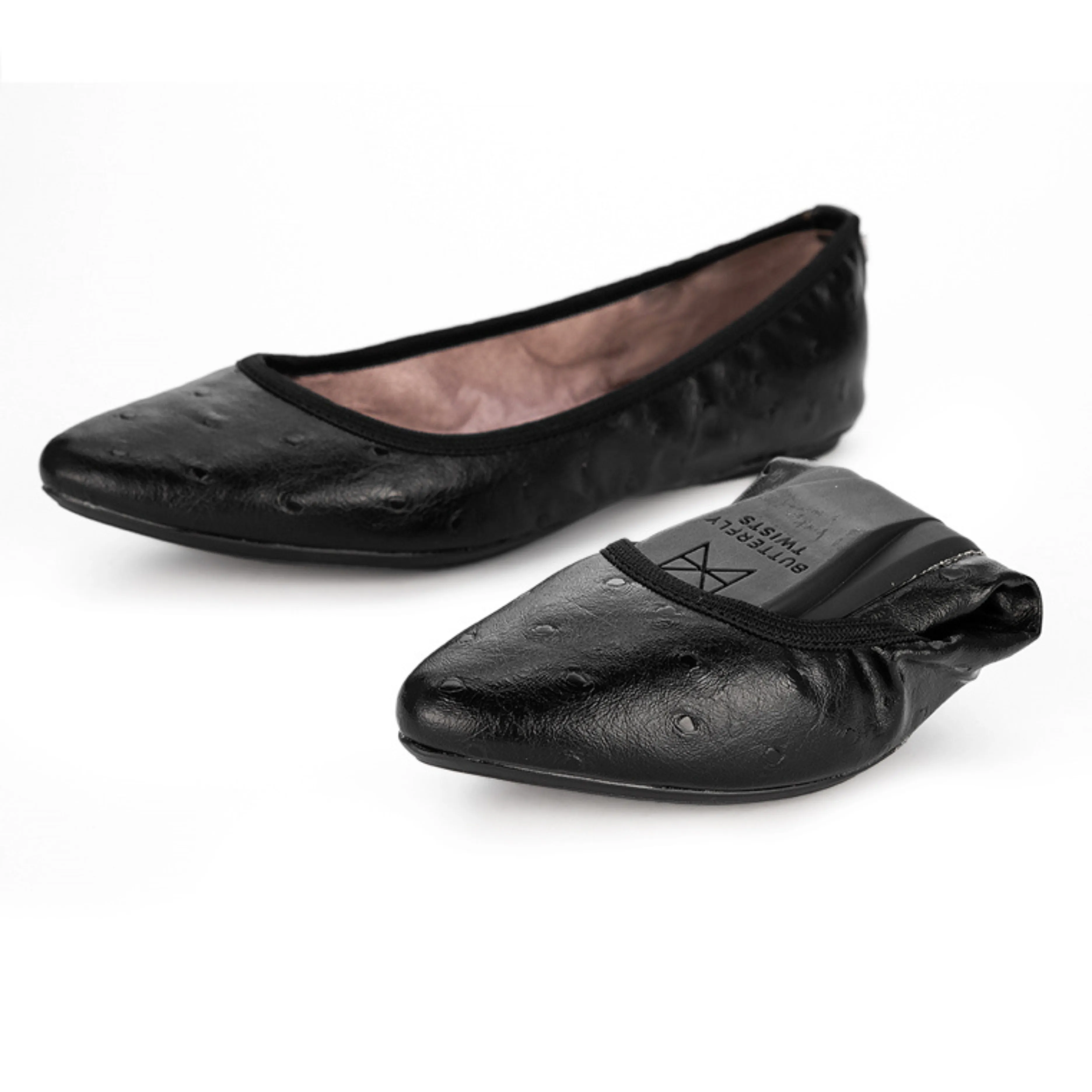 JANEY Ballet Flat Shoes - Black Ostrich