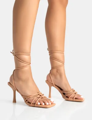 Keri Wide Fit Nude Pu Strappy Lace Up Mid Heels