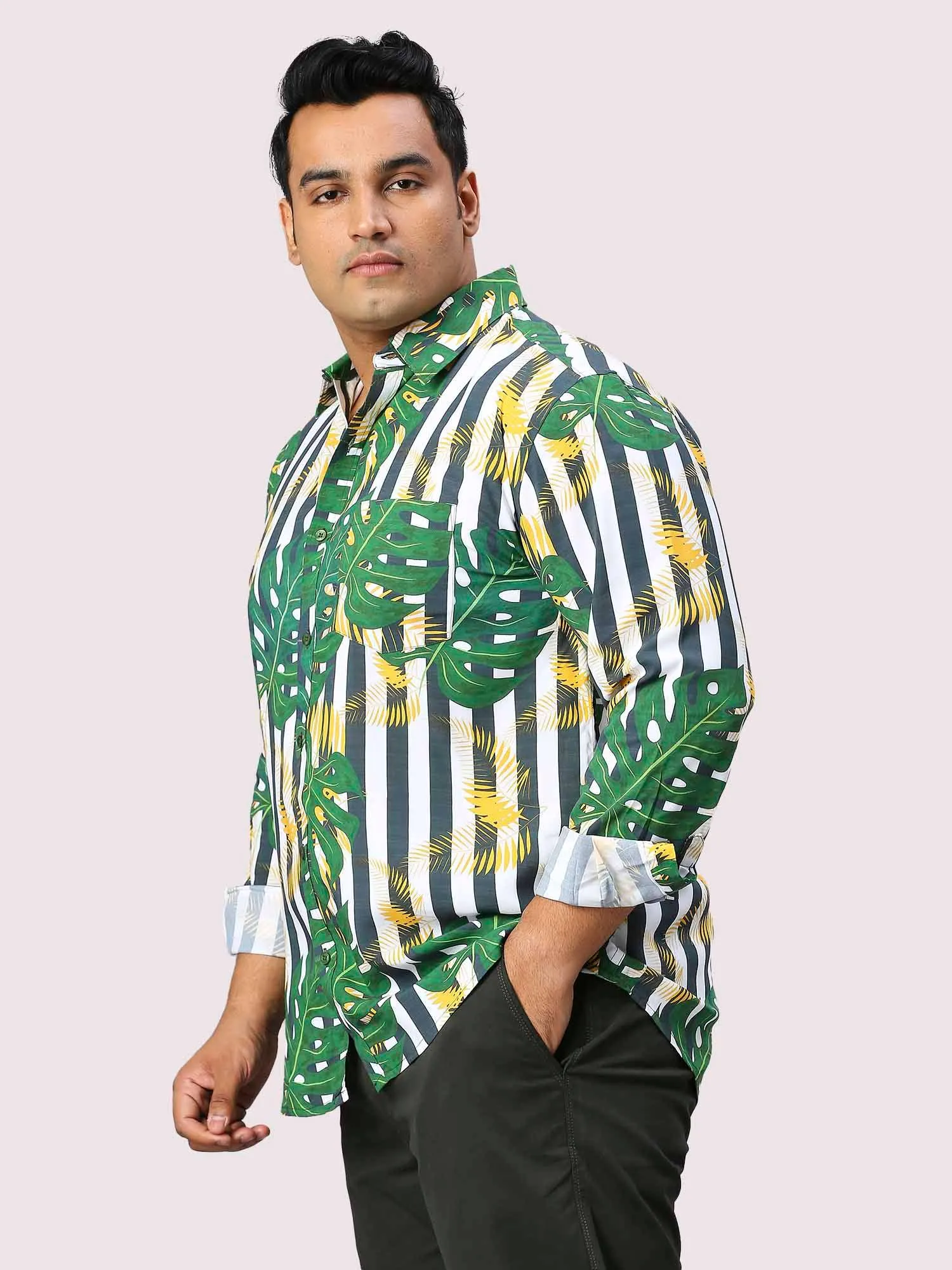 Leaf Stripe Digital Printed Full Sleeve Men's Plus Size Shirt