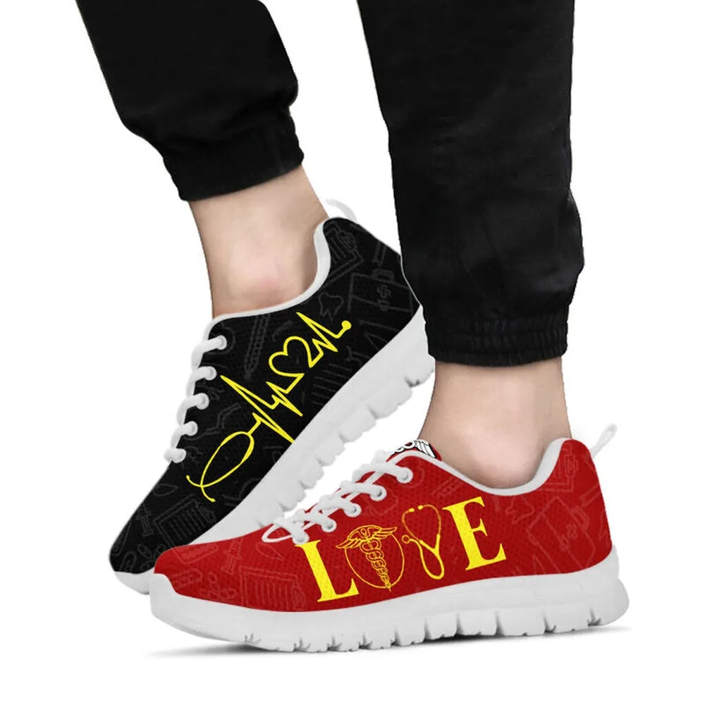 Nurse Sneaker, Nurse Love Heartbeat Red Black Sneakers, Best Shoes For Nurses