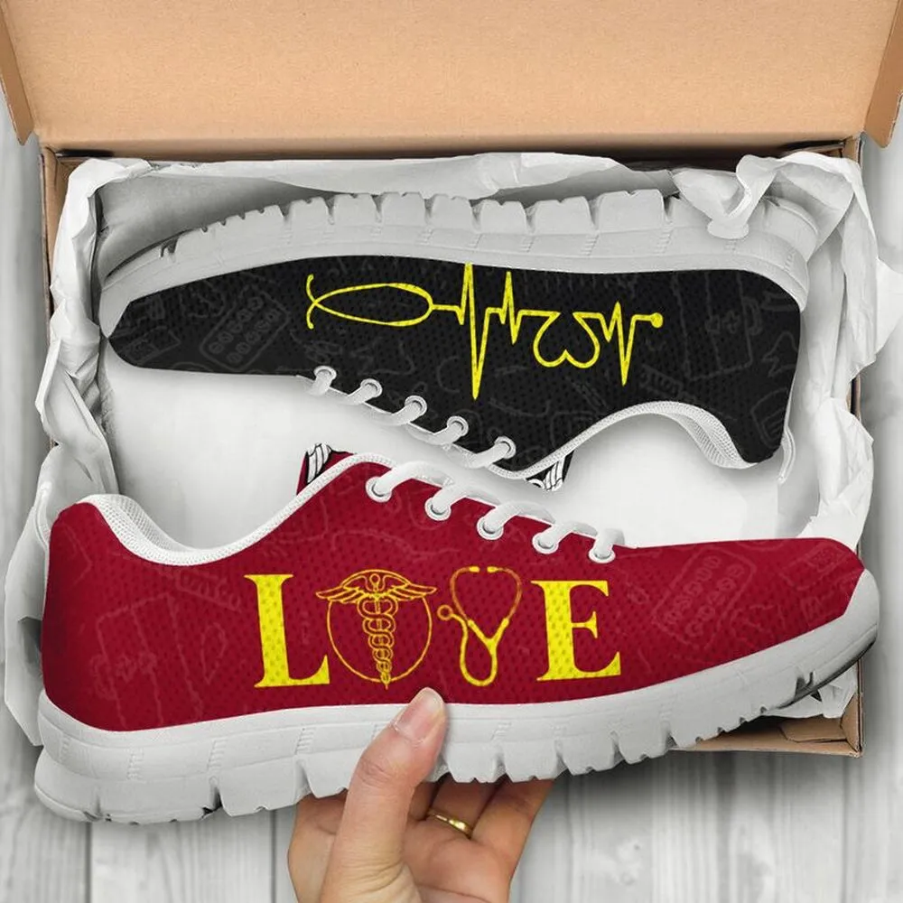 Nurse Sneaker, Nurse Love Heartbeat Red Black Sneakers, Best Shoes For Nurses