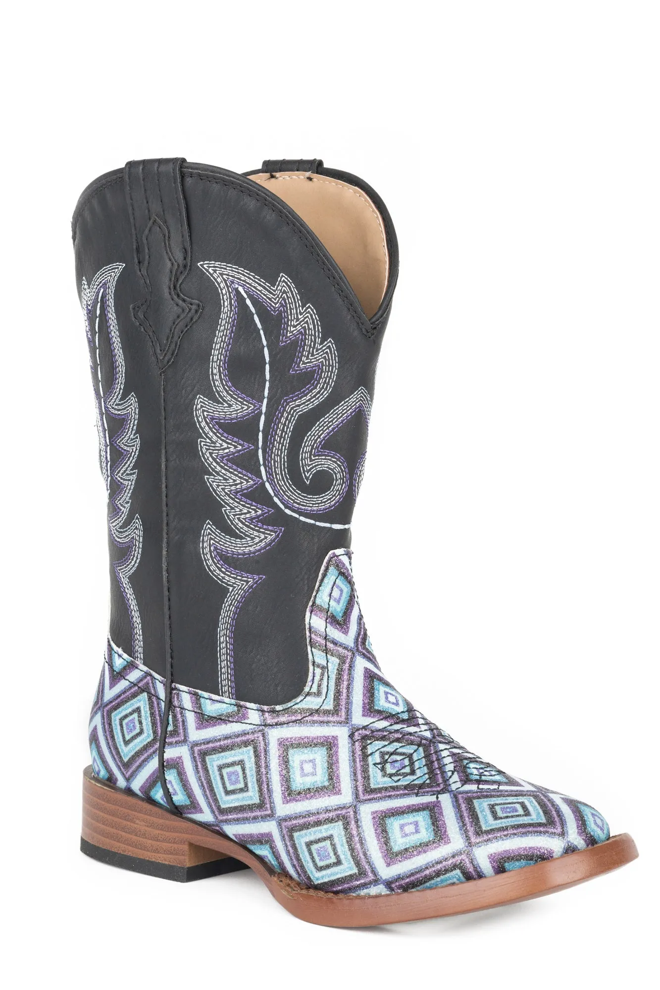 Roper Glitter Diamonds Kids Girls Black Faux Leather Cowboy Boots