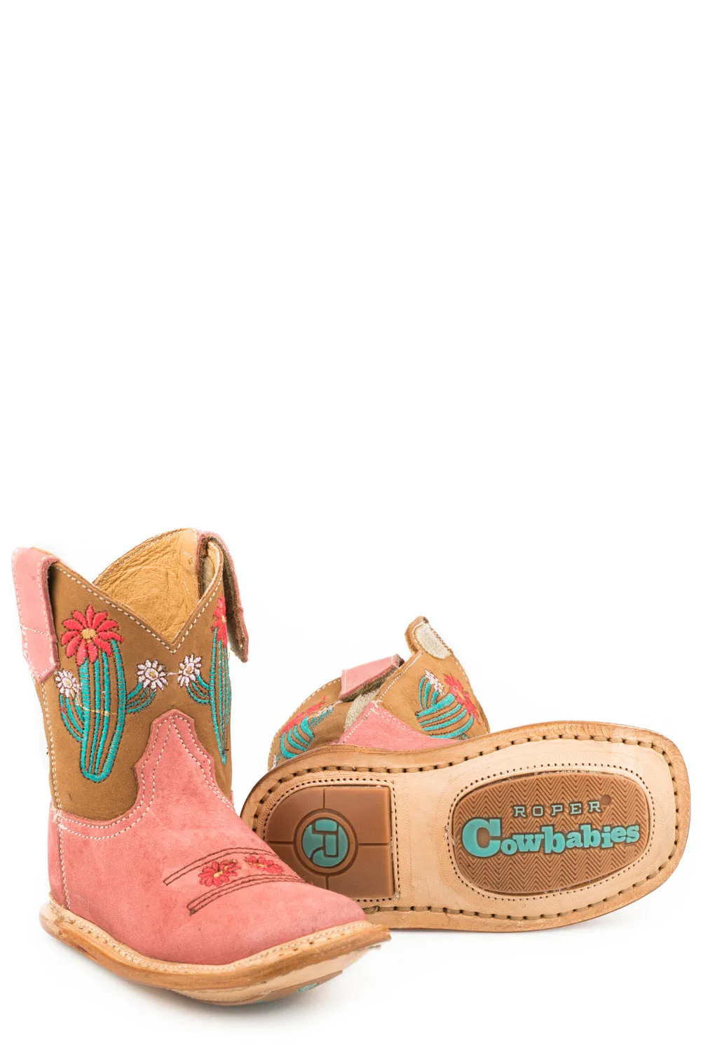 Roper Infants Girls Pink/Tan Leather Cactus Cowboy Boots