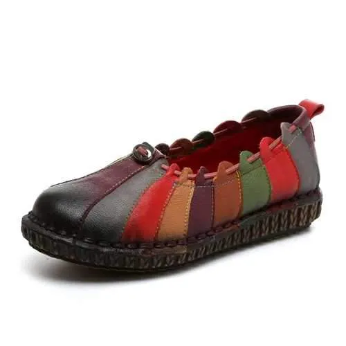 SOCOFY Leather Rainbow Weave Comfortable Vintage Flat  Shoes