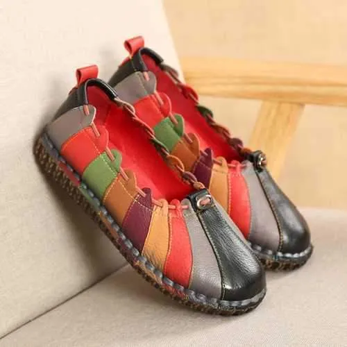 SOCOFY Leather Rainbow Weave Comfortable Vintage Flat  Shoes