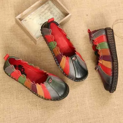 SOCOFY Leather Rainbow Weave Comfortable Vintage Flat  Shoes