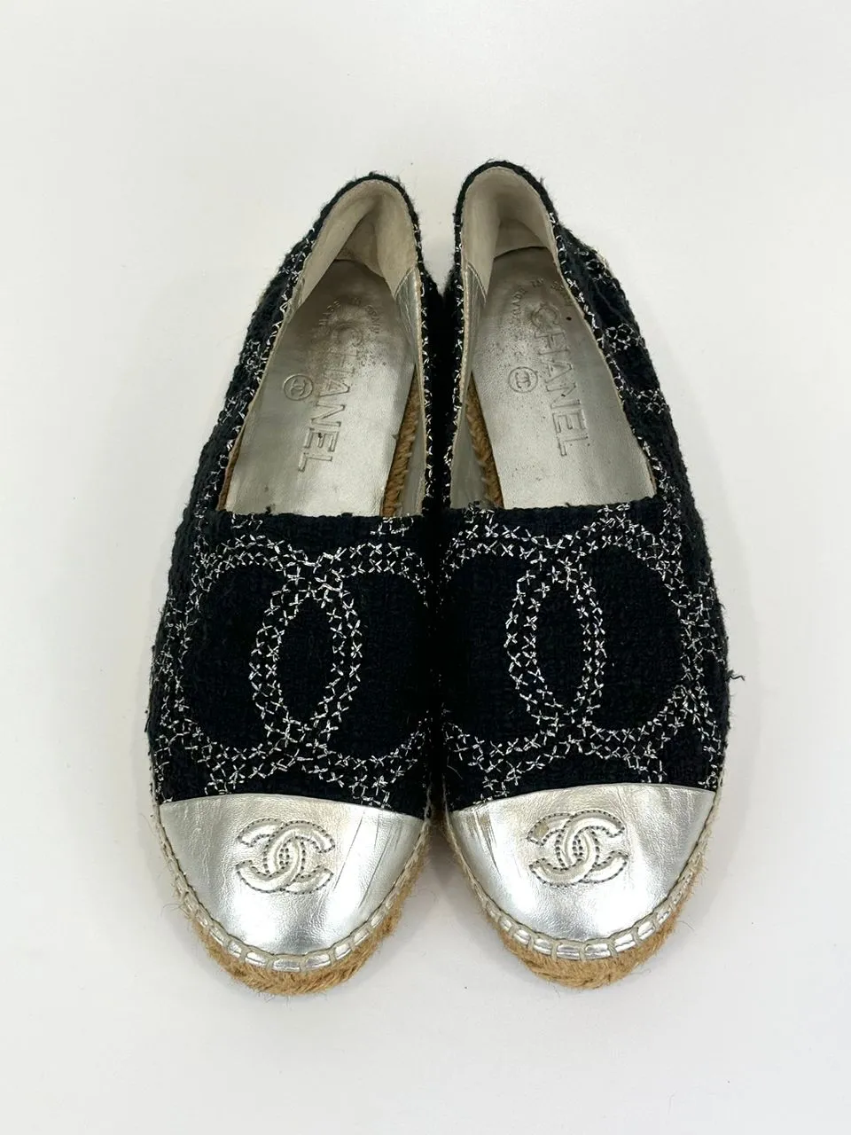 Tweed Cap Toe Espadrilles Silver CC Logo