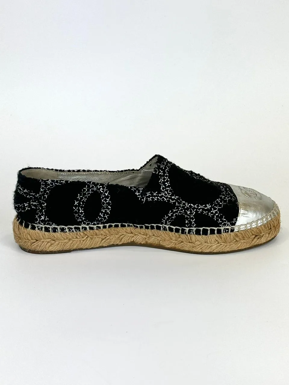 Tweed Cap Toe Espadrilles Silver CC Logo