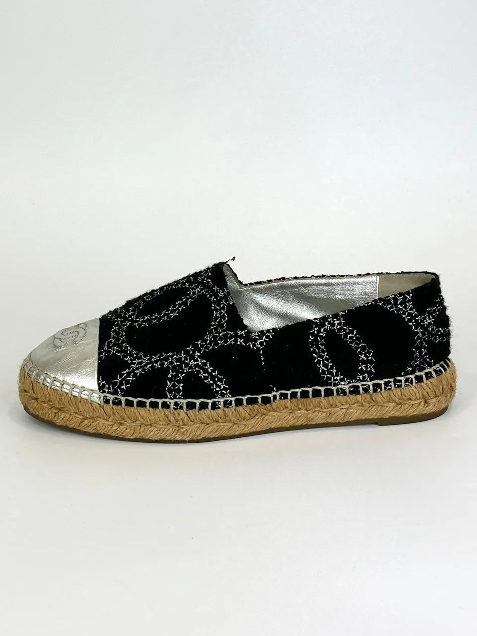 Tweed Cap Toe Espadrilles Silver CC Logo