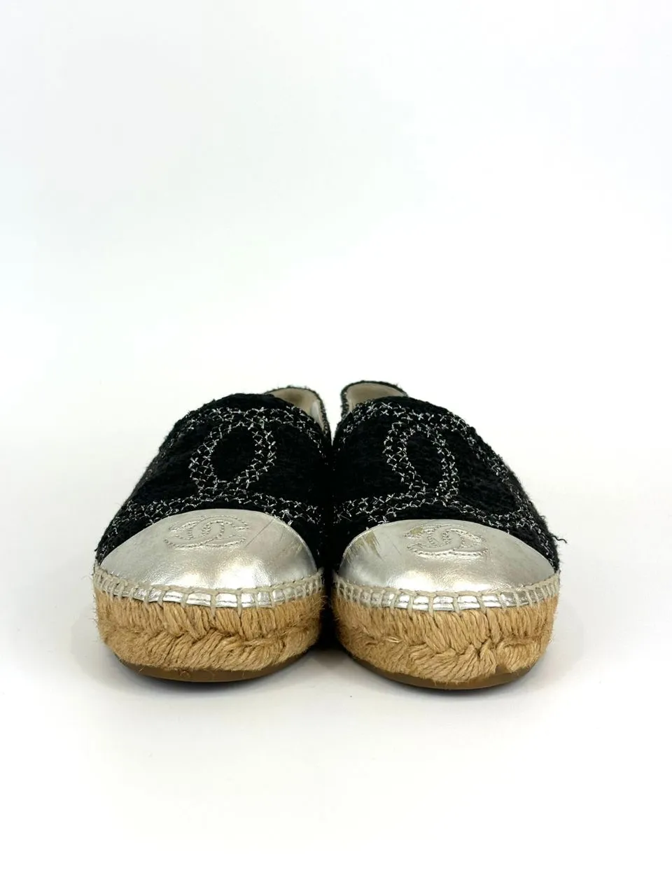 Tweed Cap Toe Espadrilles Silver CC Logo