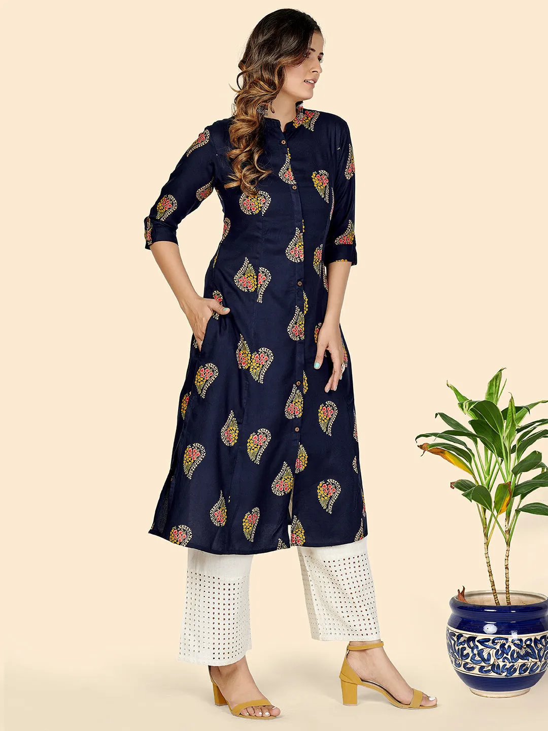 Women'S Block Print A-Line Rayon Blue Stitched Kurta