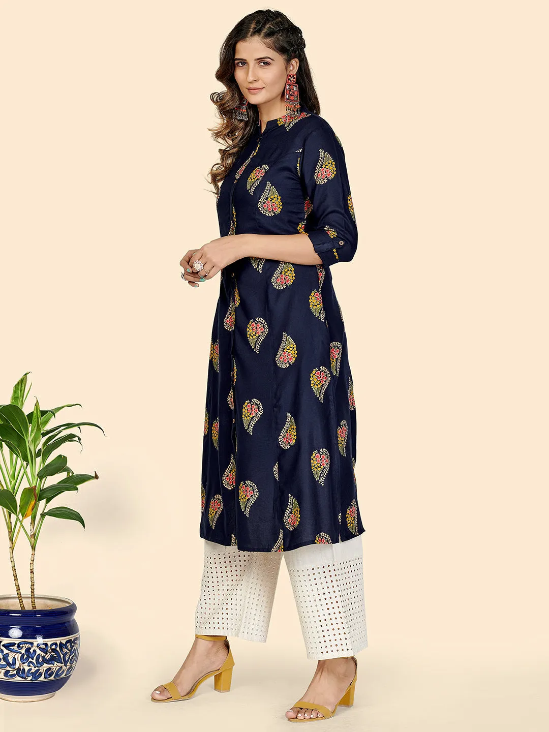 Women'S Block Print A-Line Rayon Blue Stitched Kurta