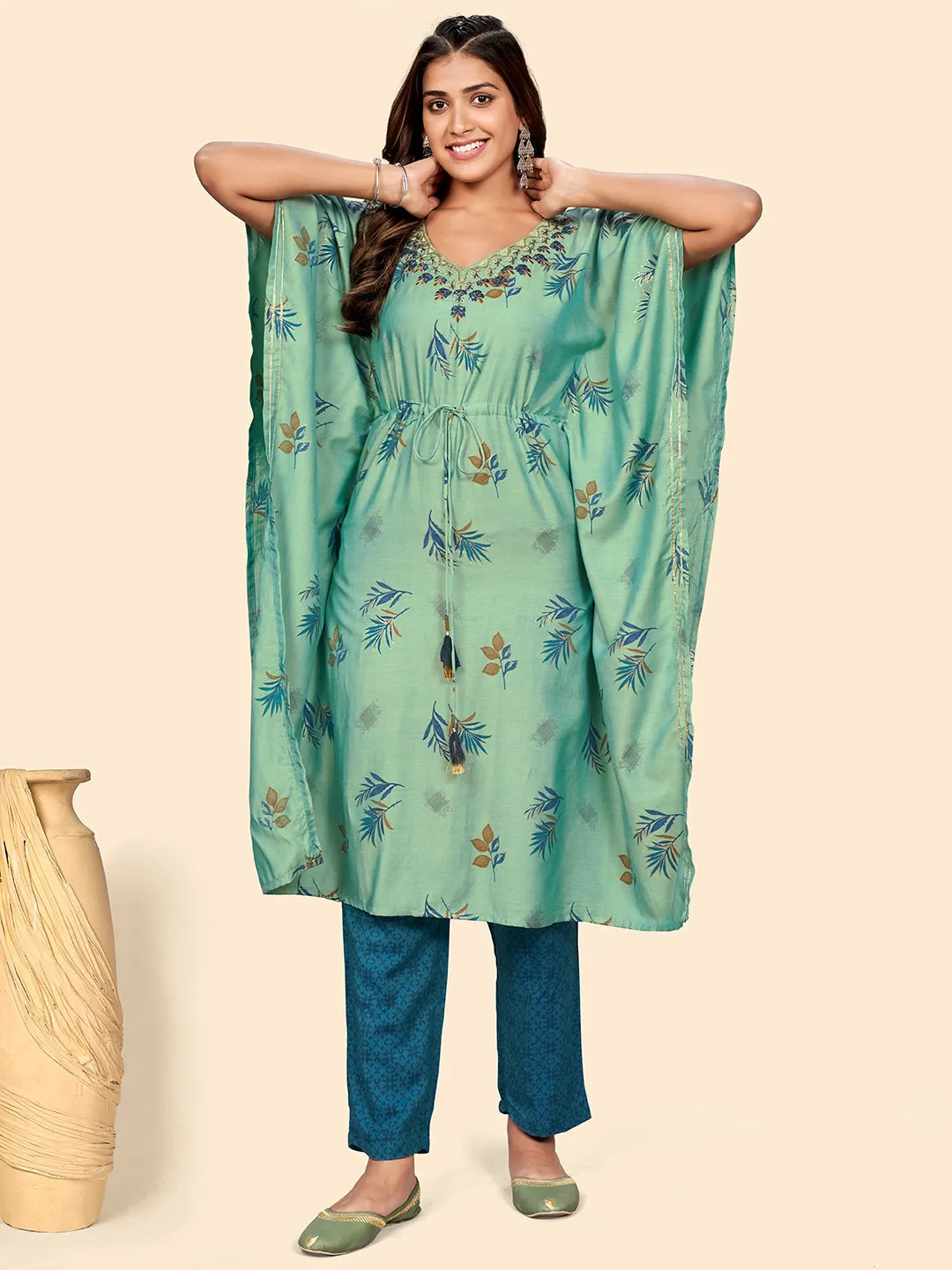 Women'S Embroidered & Mirror  Muslin See Green Stitched Kaftan Kurta With Pant Set