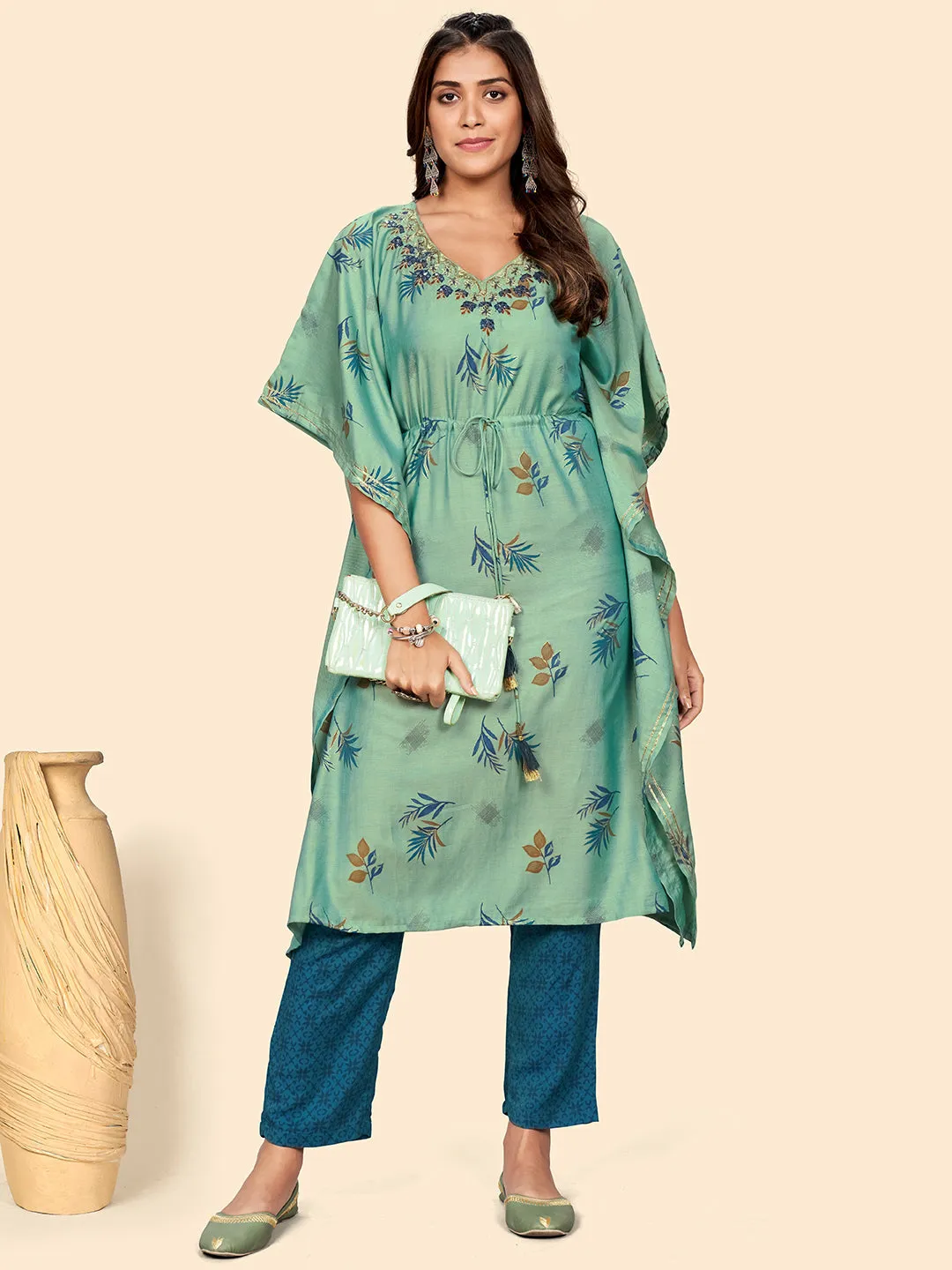 Women'S Embroidered & Mirror  Muslin See Green Stitched Kaftan Kurta With Pant Set