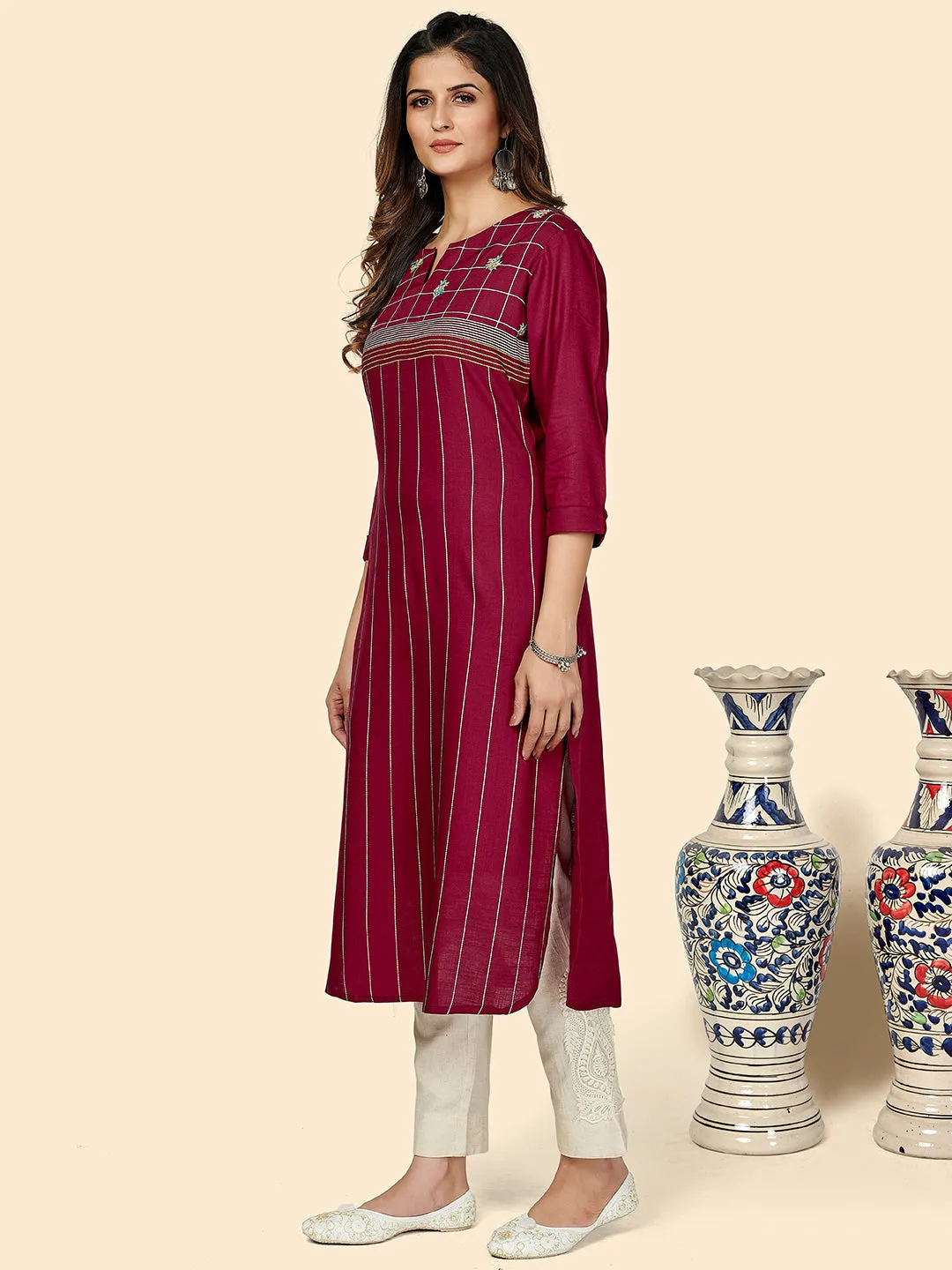 Women'S Embroidered Straight Cotton Purple Stitched Kurta