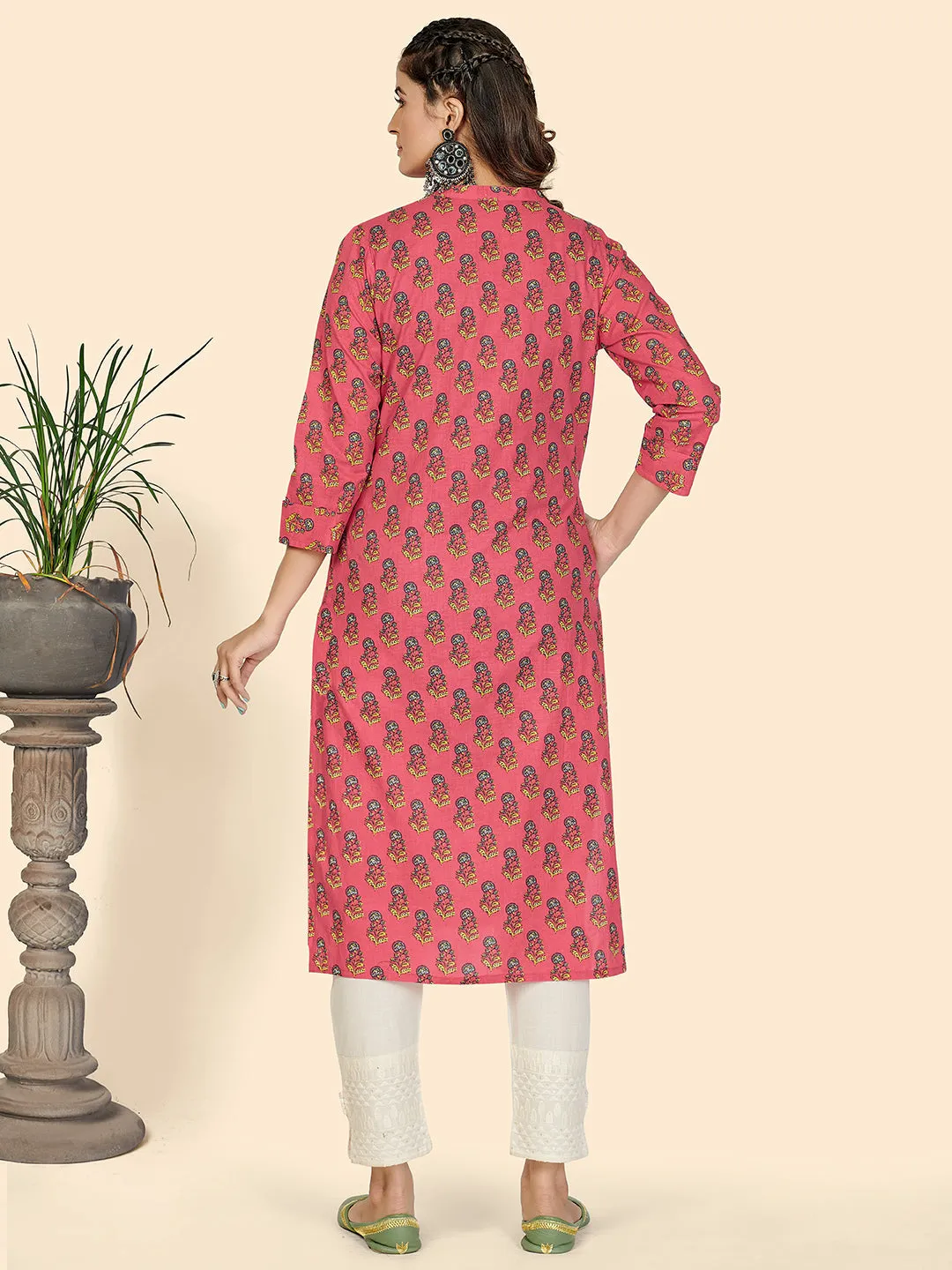 Women'S Floral Print Straight Cotton Pink Stitched Kurta