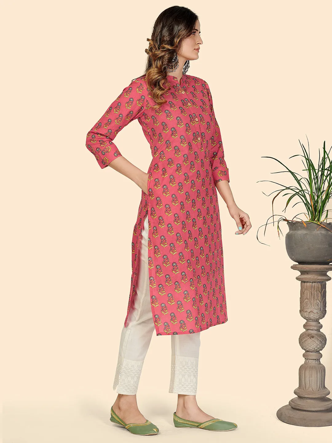 Women'S Floral Print Straight Cotton Pink Stitched Kurta