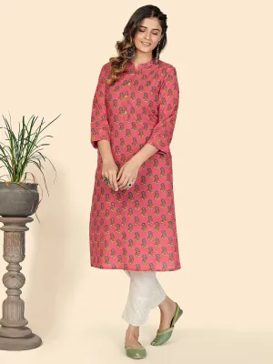 Women'S Floral Print Straight Cotton Pink Stitched Kurta