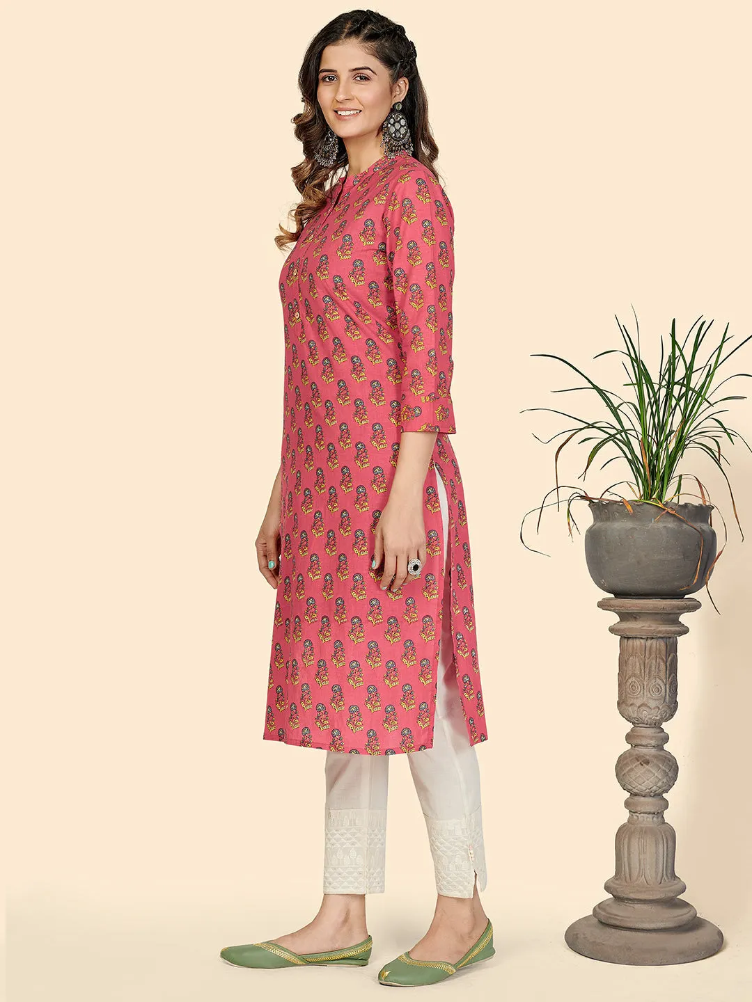 Women'S Floral Print Straight Cotton Pink Stitched Kurta