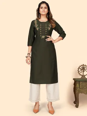 Women'S Hand Work Straight Chinon Mehendi Green Stitched Kurta