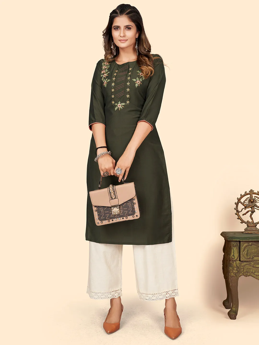 Women'S Hand Work Straight Chinon Mehendi Green Stitched Kurta