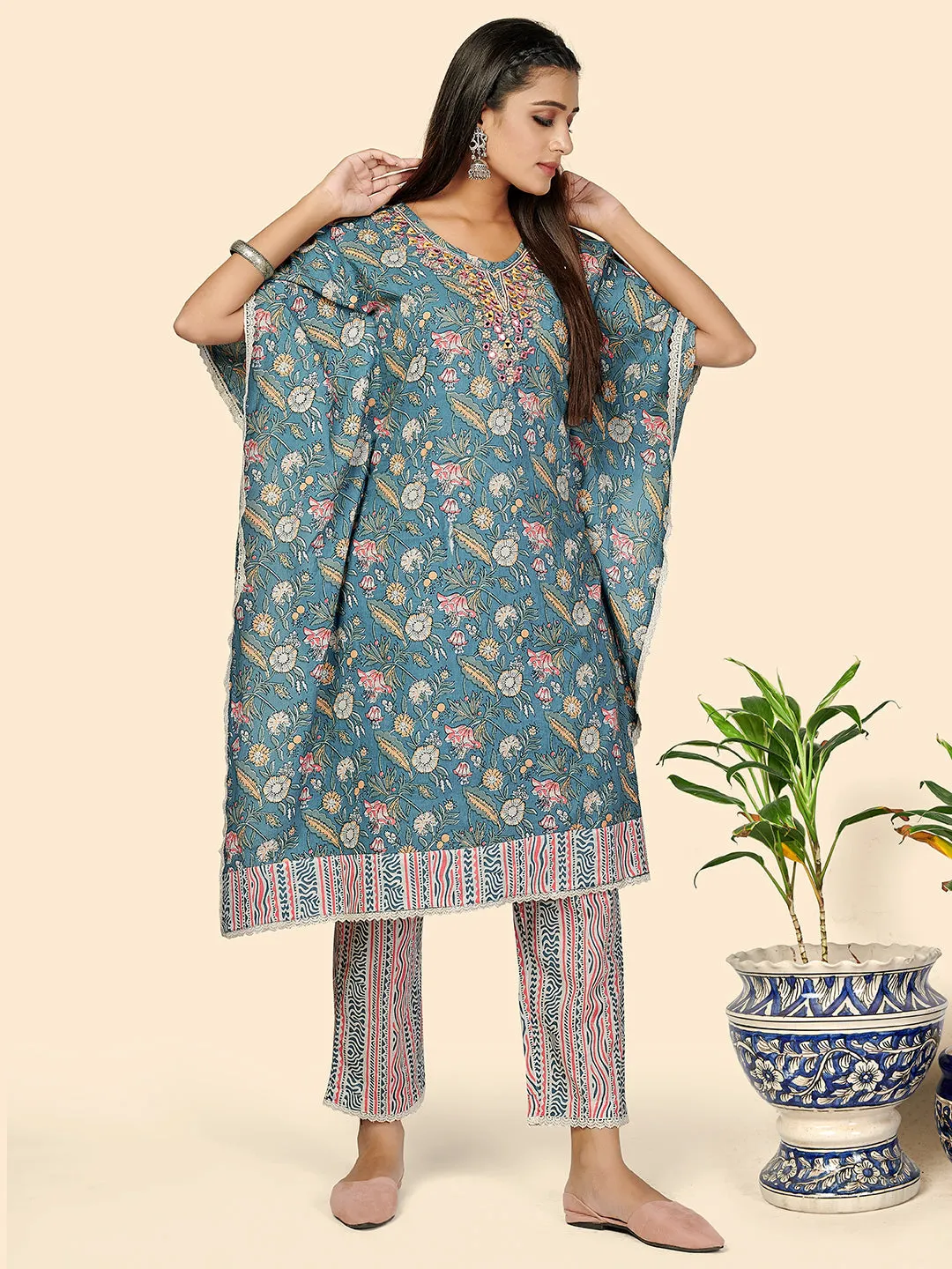 Women'S Mirror & Hand Work  Cotton Aqua Blue Stitched Kaftan Kurta With Pant Set