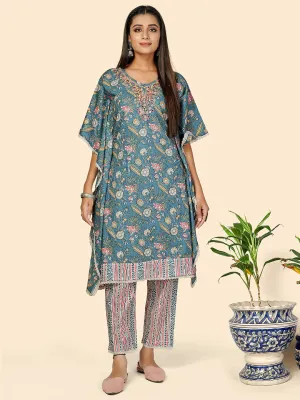 Women'S Mirror & Hand Work  Cotton Aqua Blue Stitched Kaftan Kurta With Pant Set