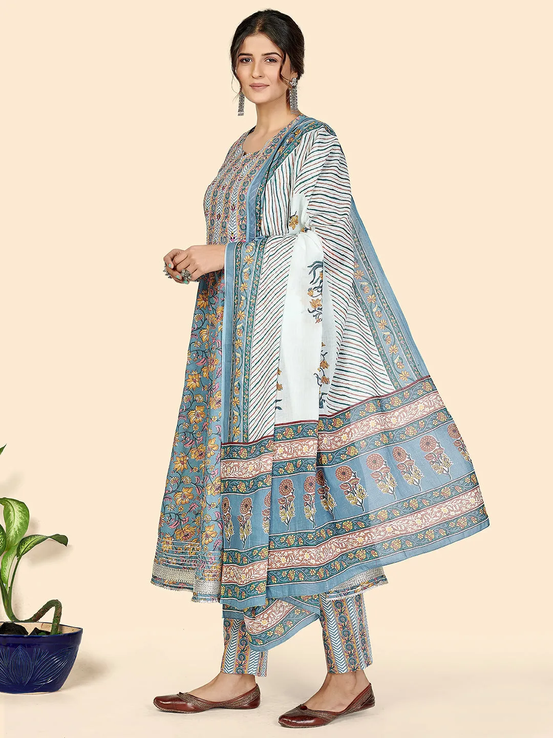 Women'S Print & Embroidered Anarkali Cotton Blue Stitched Kurta Pant With Dupatta