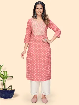 Women'S Print & Embroidered Straight Cotton Peach Stitched Kurta