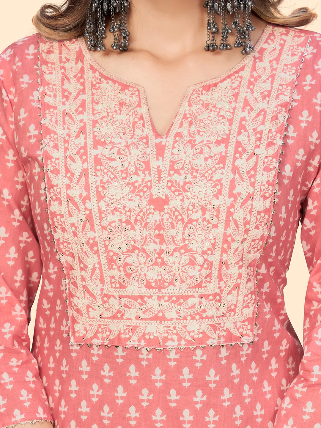 Women'S Print & Embroidered Straight Cotton Peach Stitched Kurta