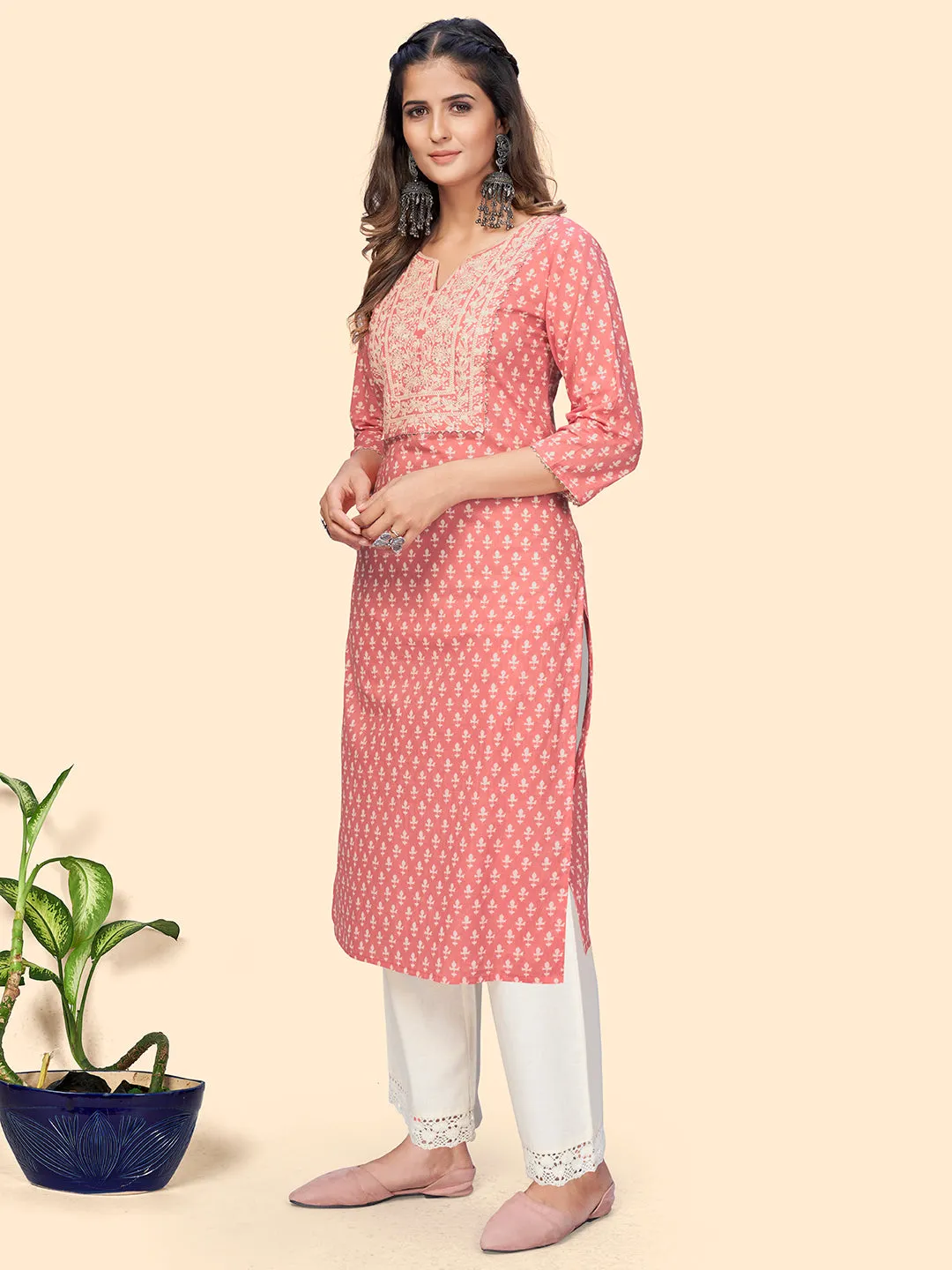 Women'S Print & Embroidered Straight Cotton Peach Stitched Kurta