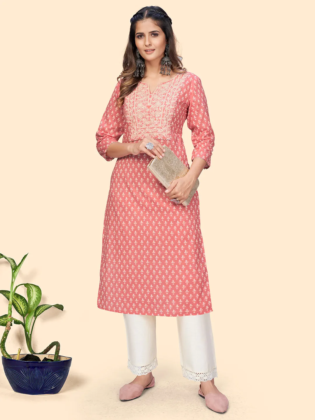 Women'S Print & Embroidered Straight Cotton Peach Stitched Kurta