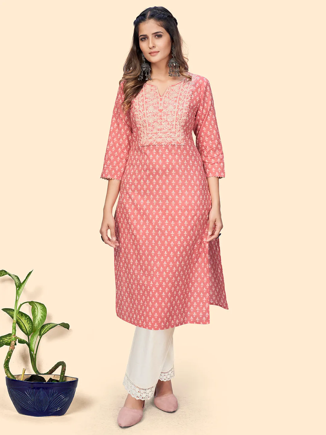 Women'S Print & Embroidered Straight Cotton Peach Stitched Kurta