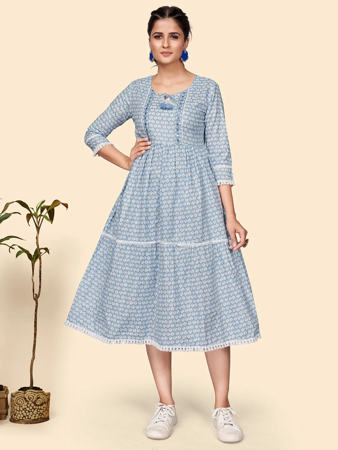 Women'S Print & Mirror Work Anarkali Cotton Blue Stitched Kurta