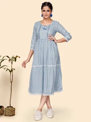 Women'S Print & Mirror Work Anarkali Cotton Blue Stitched Kurta