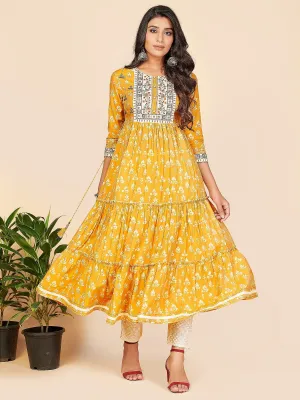 Women'S Printed & Embroidered Anarkali Cotton Yellow Stitched Kurta