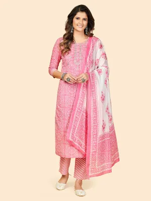 Women'S Printed & Embroidered Straight Cotton Light Pink Stitched Kurta Pant With Dupatta