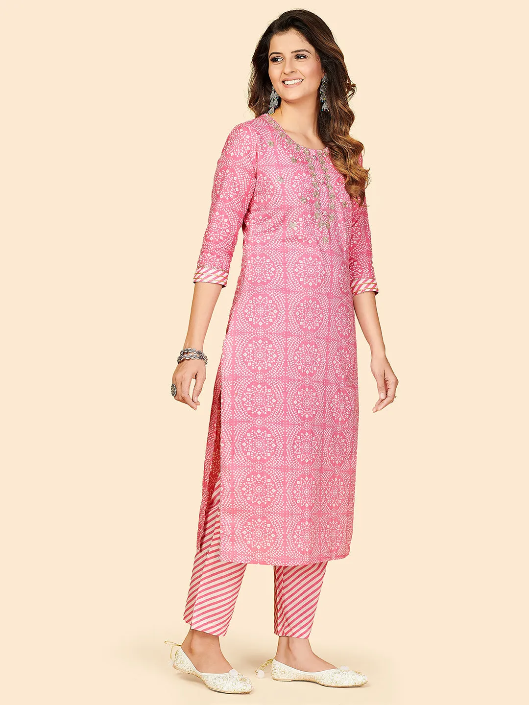 Women'S Printed & Embroidered Straight Cotton Light Pink Stitched Kurta Pant With Dupatta