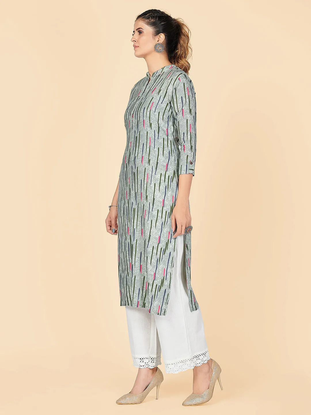 Women'S Printed Straight Rayon Pista Stitched Kurta