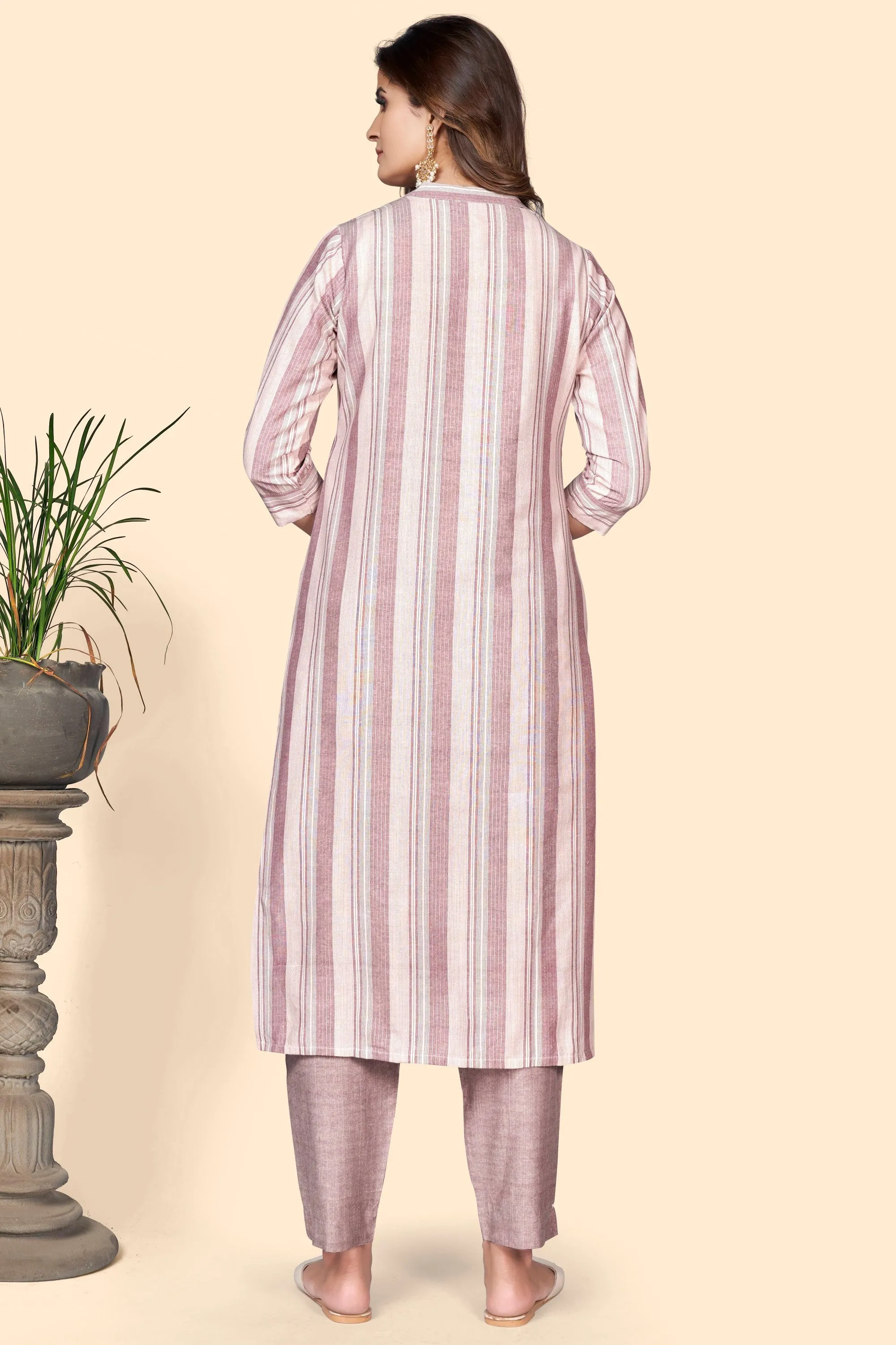 Women'S Striped Print Straight Cotton Blend Dusty Pink Stitched Kurta