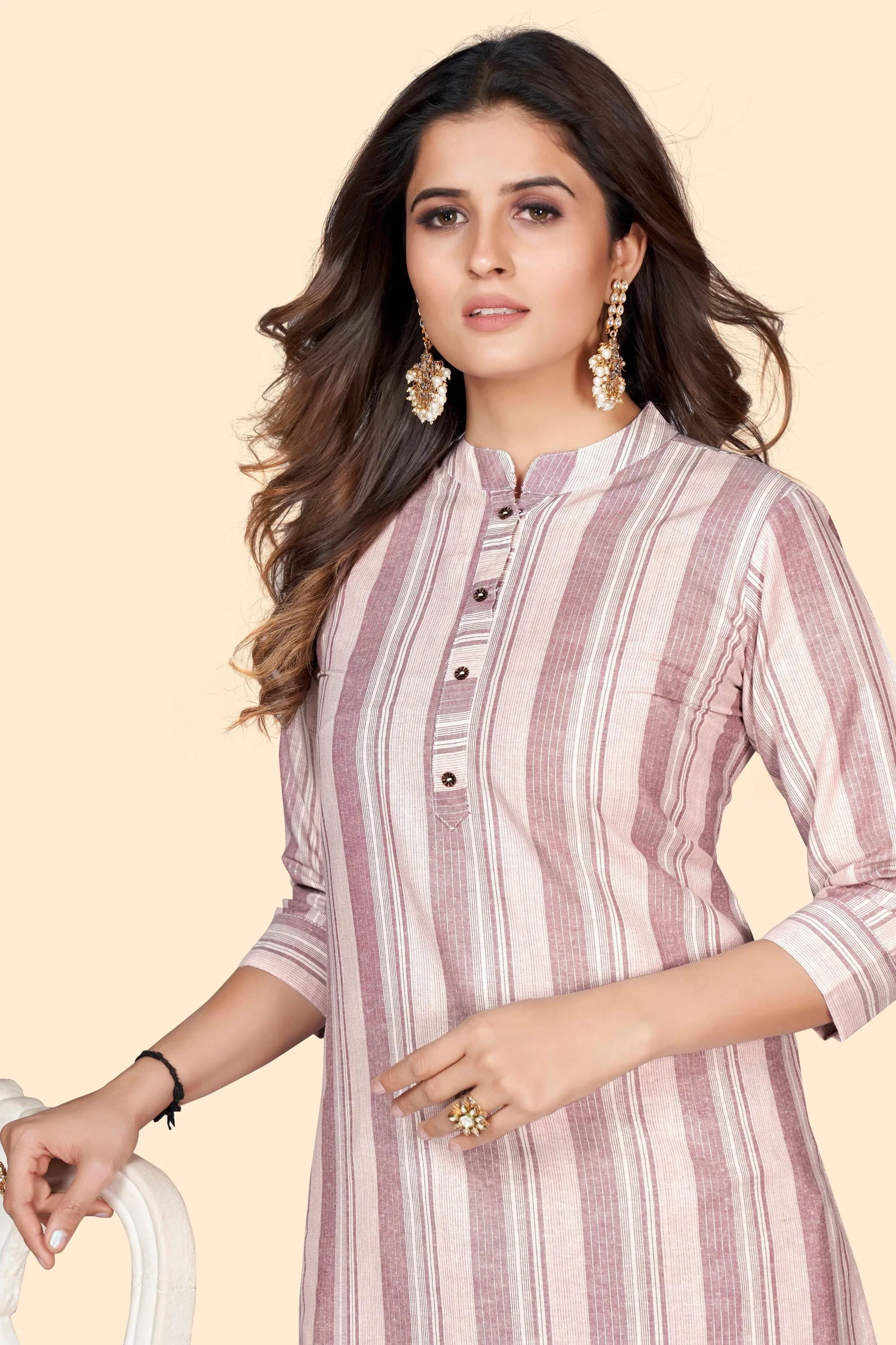 Women'S Striped Print Straight Cotton Blend Dusty Pink Stitched Kurta