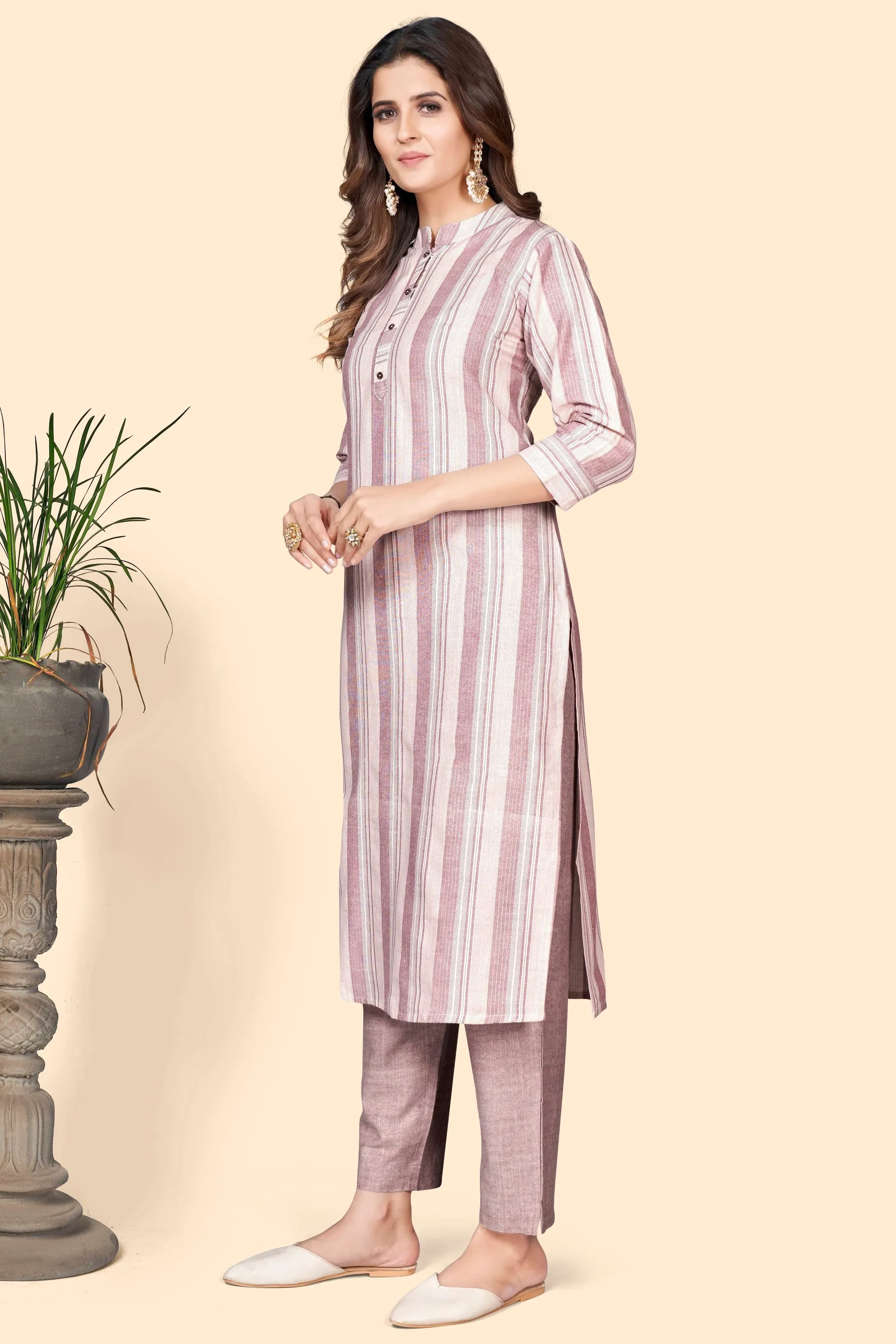 Women'S Striped Print Straight Cotton Blend Dusty Pink Stitched Kurta