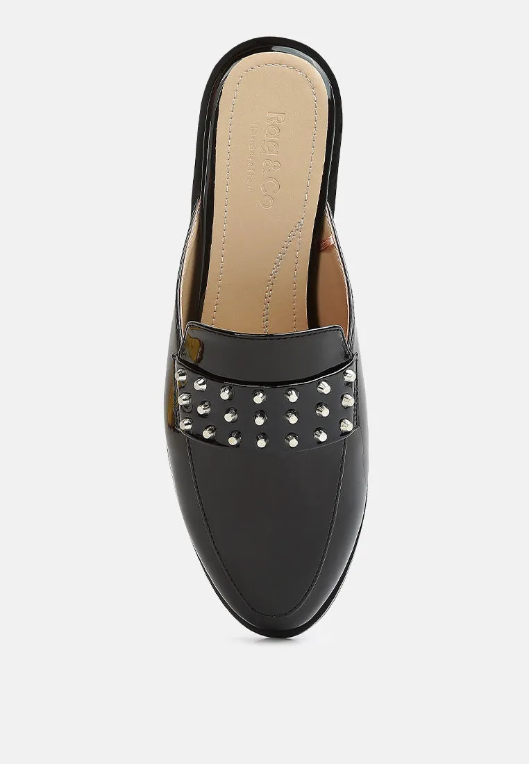 YASHTA Black Patent Studded Flat Mules