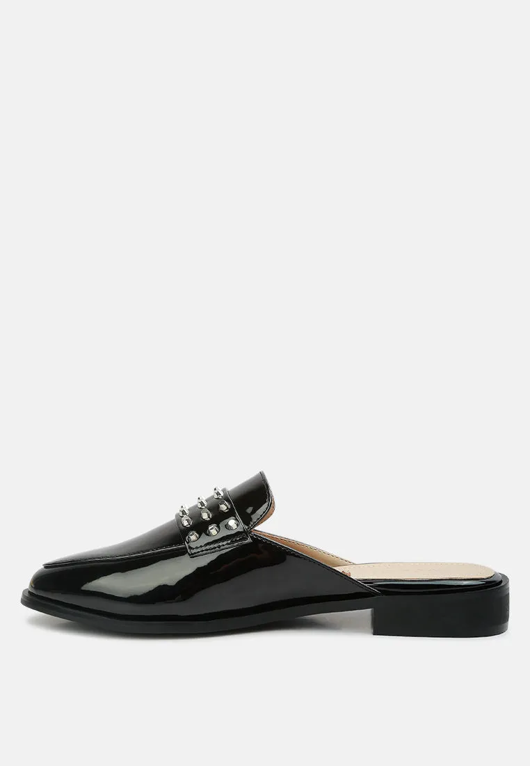 YASHTA Black Patent Studded Flat Mules